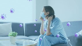 Animation of virus cells over caucasian female nurse with face mask. Global pandemic, patriotism and digital interface concept digitally generated video.