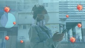 Animation of data processing over biracial woman with face mask using smartphone. Global pandemic, patriotism and digital interface concept digitally generated video. - Powered by Shutterstock - Get 15% off with code: PIKWIZARD15