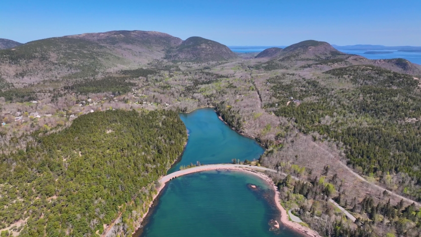 Acadia National Park aerial view including Bar Harbor, Bar Island Porcupine Islands and Cadillac Mountain, Mt Desert Island, Maine ME, USA.  