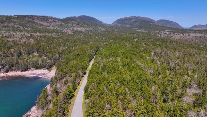 Acadia National Park aerial view including Cadillac Mountain, Hunters Beach Cove and Park Loop Road, Mt Desert Island, Maine ME, USA.  