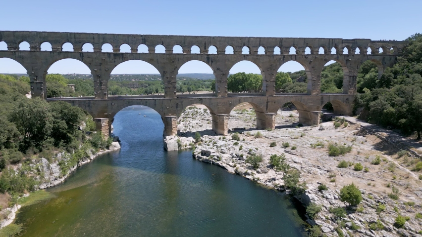 Aerial shot of The Pont du Gard, an ancient Roman aqueduct bridge in France