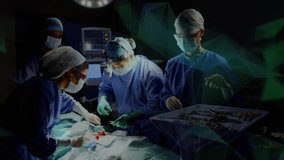 Animation of data processing over diverse surgeons during surgery. Global medicine and digital interface concept digitally generated video.