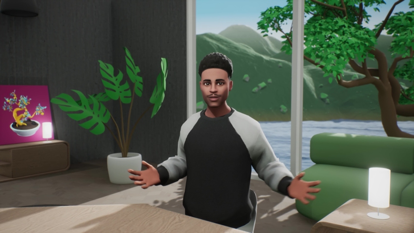 First person view people communicate in the metaverse. Subjective view. Employees meet and talk in a virtual office meeting room on a sunny day. VR work space with NFT pictures.