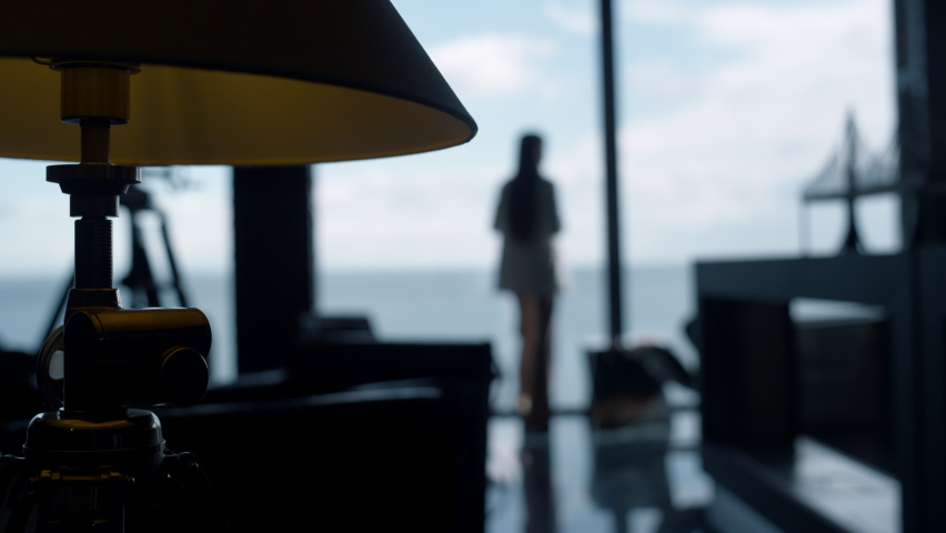 Employee silhouette watching tranquil sea view office. Unrecognized rich worker enjoying moment thinking of life career alone. Unknown businesswoman taking break at panorama window luxury hotel Royalty-Free Stock Footage #1092612721