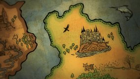 drawing of ancient treasure map with islands for nautical medieval epic fantasy adventure or a pirate fairy tale - animated tour of handmade illustration with lands, ocean, sea monsters and ships - Powered by Shutterstock - Get 15% off with code: PIKWIZARD15