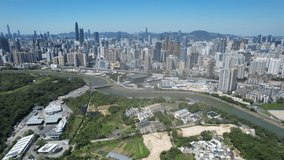 Shenzhen, Greater Bay Area, a leading global Innovative and technology hub development in China with coast of southern province of Guangdong and economic zone near Hong Kong, Aerial drone view