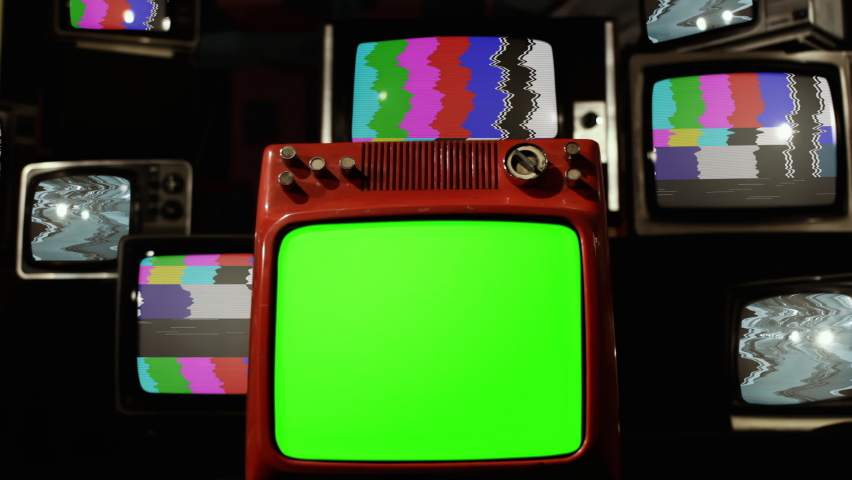 Old TV with Green Screen and Televisions with Color Bars. Zoom In. 4K Resolution. | Shutterstock HD Video #1092614105