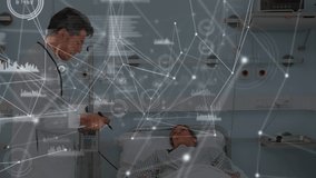 Animation of network of connections over caucasian male doctor with patient. Health, medicine, connections and technology concept digitally generated video.