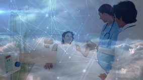 Animation of network of connections over diverse doctors with patient. Health, medicine, connections and technology concept digitally generated video.