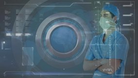 Animation of digital screen over caucasian male surgeon. Health, medicine and digital interface concept digitally generated video.