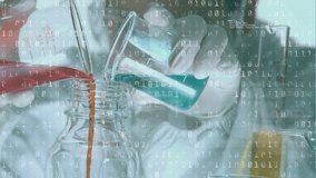 Animation of binary code over caucasian female lab worker pouring liquids. Science, chemistry and medicine concept digitally generated video.