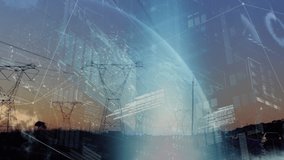 Animation of digital screen with data and globe over electricity poles at sunset. Digital interface, data processing and technology concept digitally generated video. - Powered by Shutterstock - Get 15% off with code: PIKWIZARD15