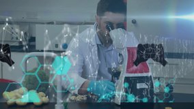 Animation of digital brain and data processing over caucasian male scientist in lab. Global science, computing and digital interface concept digitally generated video.