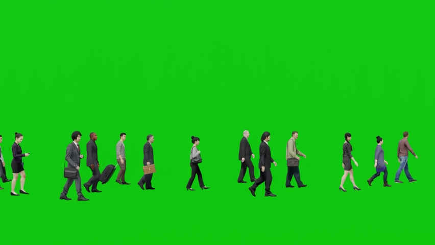 3D crowd walking on green screen background chroma key, Isolated group of people for interior and exterior scenes,Visual effect 3d animation for visualization. Royalty-Free Stock Footage #1092618949
