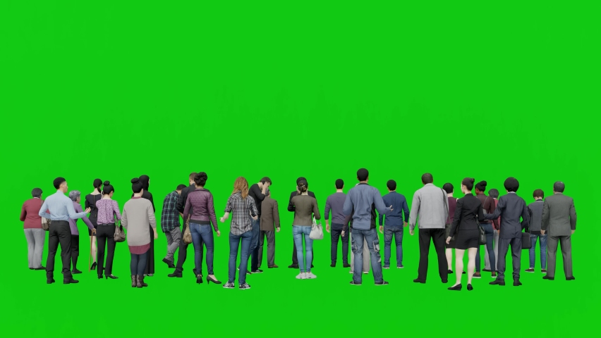 Back view 3D crowd on green screen background chroma key, Isolated group of people for interior and exterior scenes,Visual effect 3d animation for visualization.