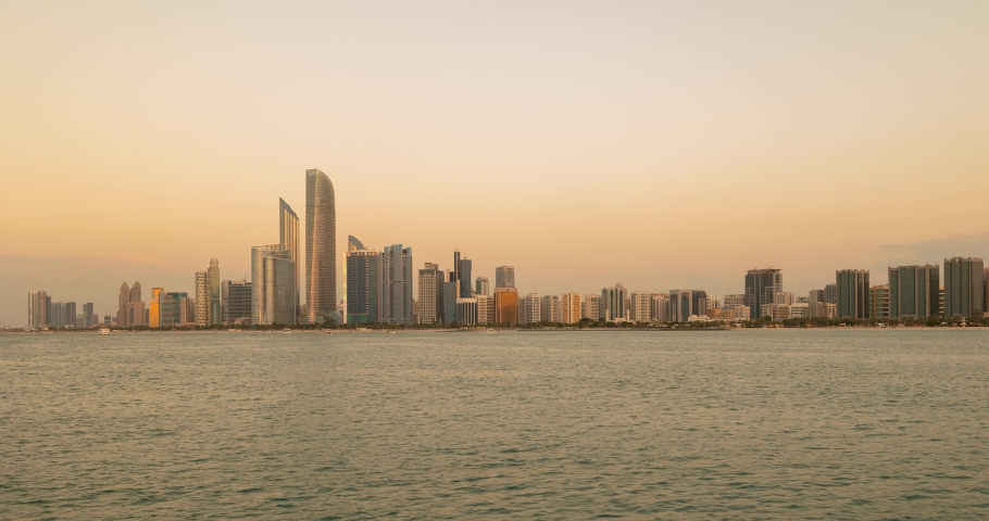Night timelapse from the marina mall area of Abu Dhabi looking across towards the corniche, United Arab Emirates