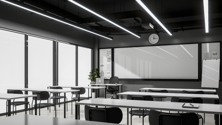 Animation of modern style minimal black and white classroom 3d render,The rooms have gray walls ,white floor, and black ceiling decorated with white tables and gray fabric chairs Royalty-Free Stock Footage #1092622073