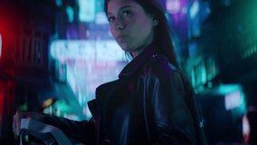 CU Portrait of Hispanic female using her VR metaverse headset in the street full of neon lights, Hong Kong asian style background