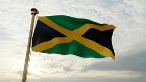 Flag of Jamaica waving in the wind, sky and sun background. Jamaica Flag Video. Realistic Animation, 4K UHD