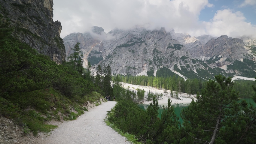 The Pragser Wildsee (Lake Prags) (Lake Braies) mountain lake, Seekofel, Dolomites, South Tyrol, Alto Adige, Italy, Europe