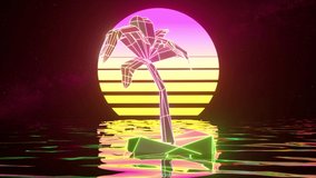 Neon palm tree on a retro background. Water surface. Yellow pink color. 3d animation of seamless loop. 3D Illustration
