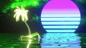 Retro futuristic background. Neon palm tree and sunset in the ocean. Blue green color. 3d animation of seamless loop. 3D Illustration