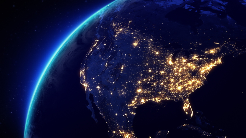 View of North America from Space Satellite. City Lights at Night. 3d Animation Modern Business and Technology Concept. United States Canada. | Shutterstock HD Video #1092637301