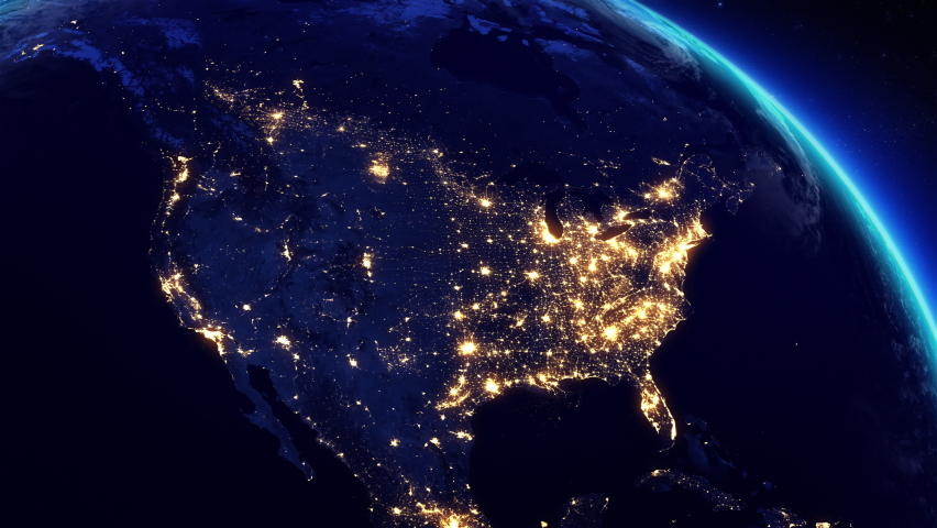 View of North America from Space Satellite. City Lights at Night. 3d Animation Modern Business and Technology Concept. United States Canada.