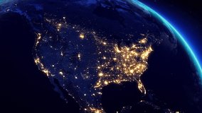 View of North America from Space Satellite. City Lights at Night. 3d Animation Modern Business and Technology Concept. United States Canada. - Powered by Shutterstock - Get 15% off with code: PIKWIZARD15