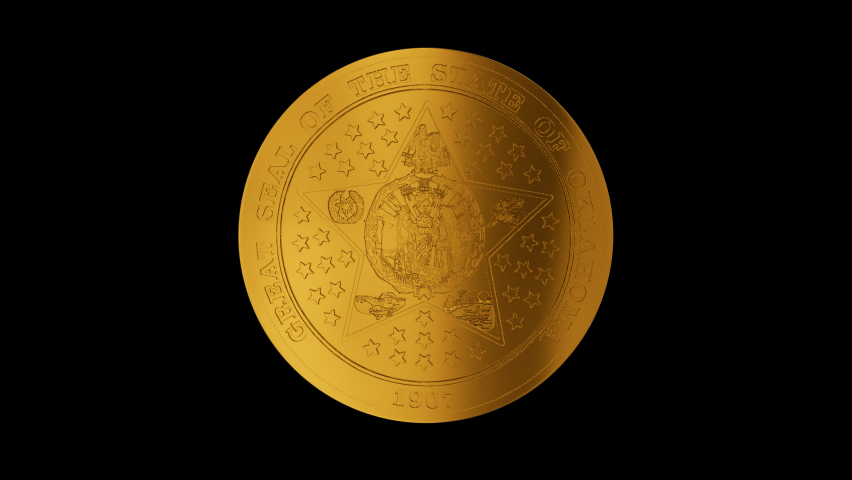 Oklahoma US state gold metal seal rotating emblem, insignia cycle looped video with separate luma matte