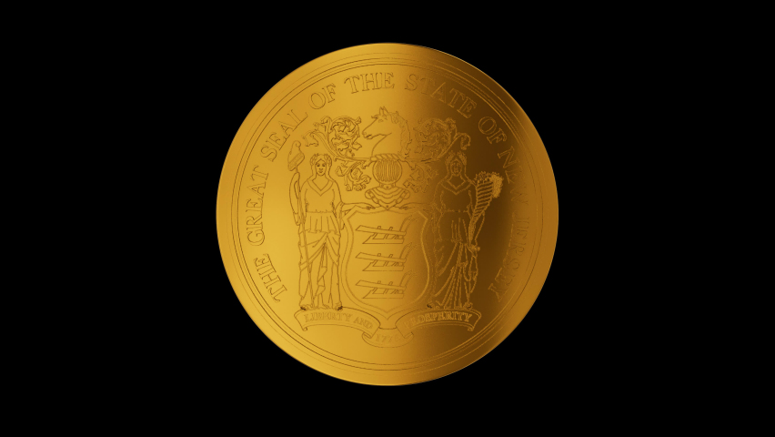 New Jersey US state gold metal seal rotating emblem, insignia cycle looped video with separate luma matte