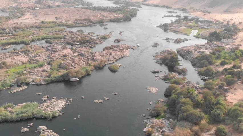Drone shot for the river nile in Aswan, Egypt