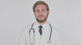 Young Doctor Talking on Online Video Call on White Background 