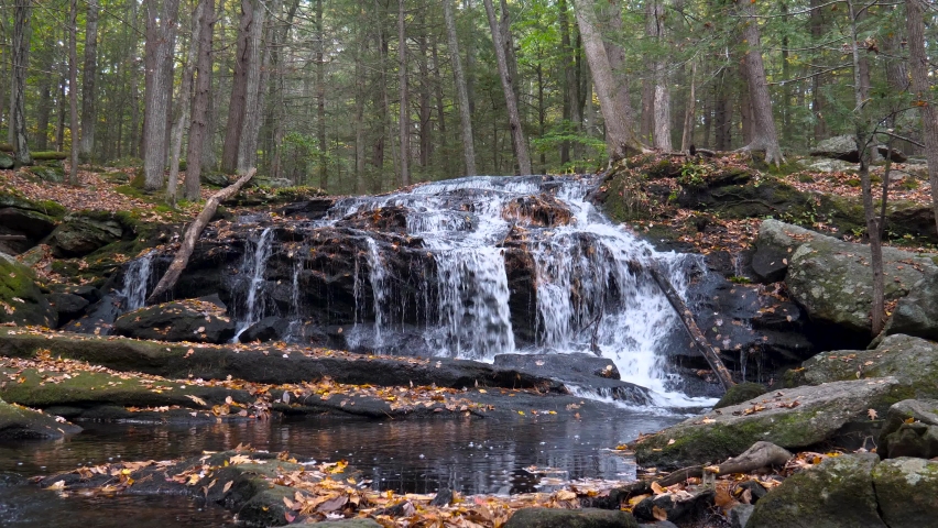 Autumn Waterfall. Red and Yellow and Orange Leaves Around a Beautiful Waterfall in the Fall