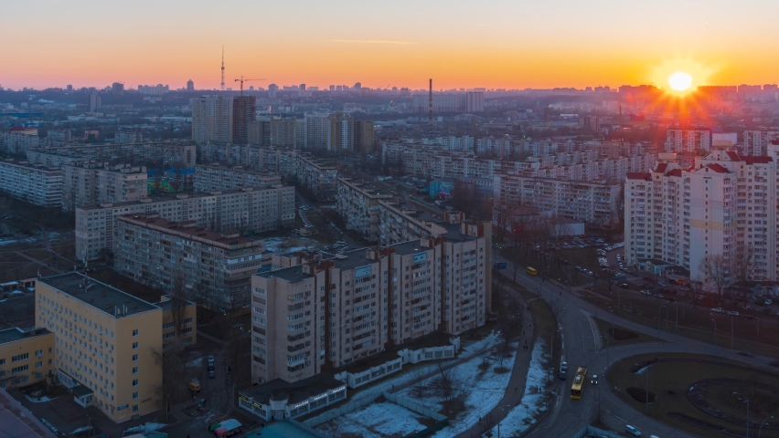 Day to night aerial Timelapse of the Night view of Obolon district and historical center of Kyiv city, Ukraine