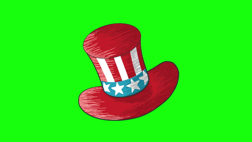Animated Hand Drawn USA Hat Icon Isolated on Green Chroma Key Backdrop. American Celebration Hat Icon or Gif Design. July 4th Independence Day Celebration Concept Video Motion Graphic Animation.
