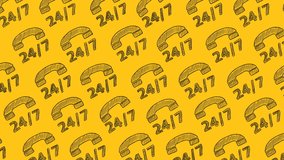 Pattern from phone icons with lettering 24-7 drawn on yellow. contact center, call center, service center, info center, customer support. 24-hour hotline. Seamless loop video.