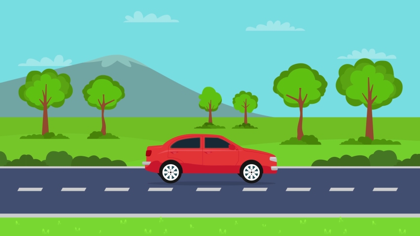 Red luxury car animation moving on the road with mountain background. Cartoon in 4k resolution
