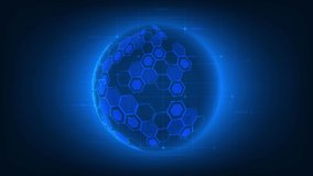 Digital futuristic background loop of Digital hologram globe with hexagon map and digital element horizontal movement for filmmaker and video production.