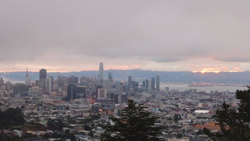 Sunset view of San Francisco downtown city skyline as seen from twin peaks