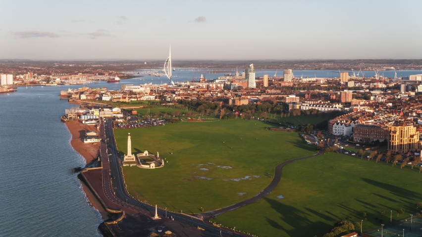 Establishing Aerial View Shot of Portsmouth UK, Hampshire, England United Kingdom sunny nice day