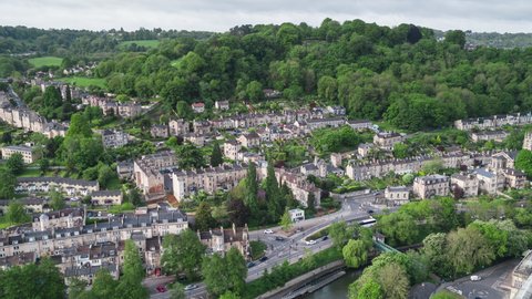 Establishing Aerial View Shot of Bath UK, Somerset, England United Kingdom day, green areas