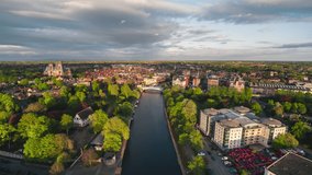 Establishing Aerial View Shot of York UK, North Yorkshire, England United Kingdom day, push in, supoer wide cinematic view