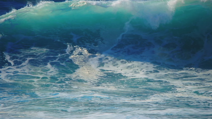 Ocean wave crash slow motion. Big blue ocean surf wave slowly breaks. Close up of huge giant rolling barrel, scenic sea nature background. Slow motion video footage clip. Seascape coast beach waves. Royalty-Free Stock Footage #1092670359