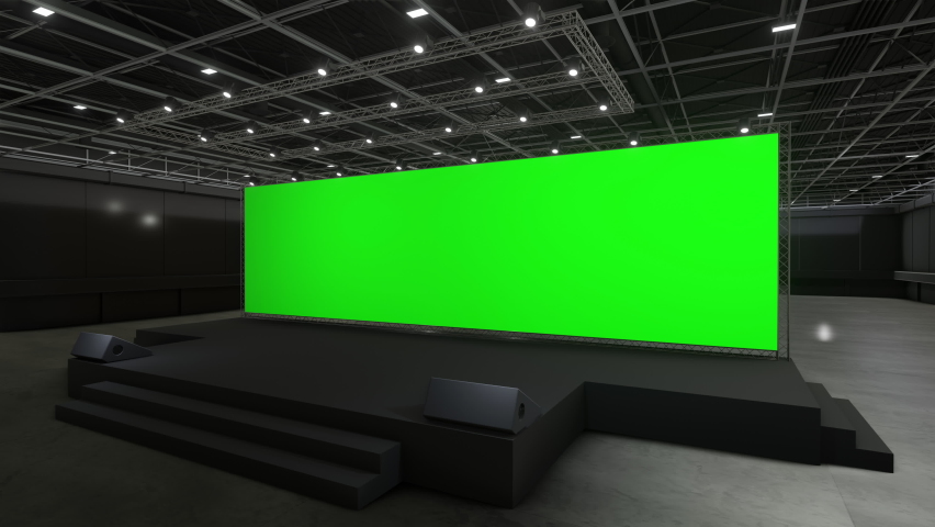 Motion Empty stage Design for mockup and Corporate identity,Display.Stage green screen in hall.Blank screen for Graphic Resources.Scene event led night light staging.Animation loop 4k.3D render.