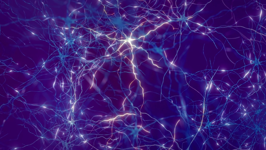 Camera moving through human brain nerve cells (neurons). Animation of neuronal firing - neurons communicating via electrical signals and neurotransmitters