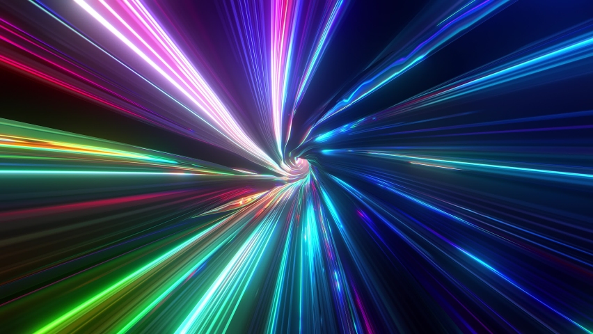 Abstract tunnel of a multicolor spectrum background. Bright rays of neon light and colorful glowing lines moving speed through the dark. 3d render Royalty-Free Stock Footage #1092679941