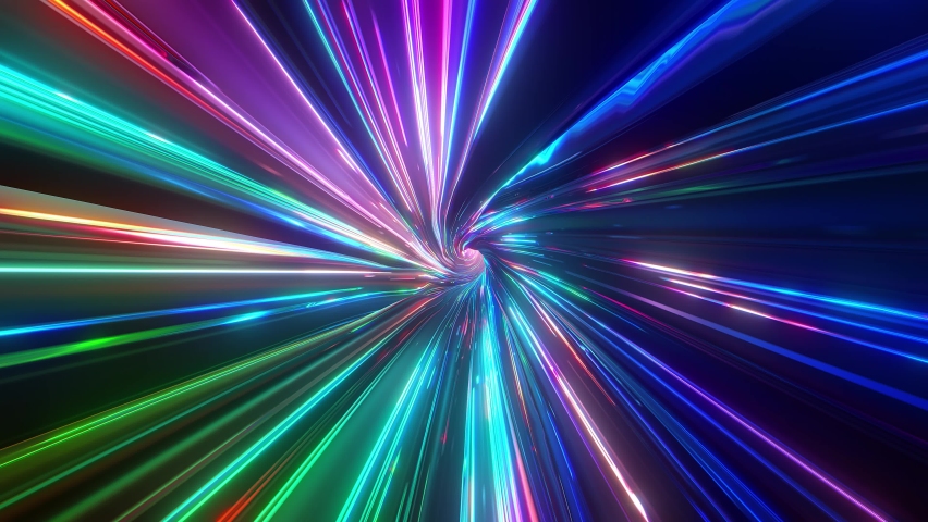 Abstract tunnel of a multicolor spectrum background. Bright rays of neon light and colorful glowing lines moving speed through the dark. 3d render | Shutterstock HD Video #1092679941