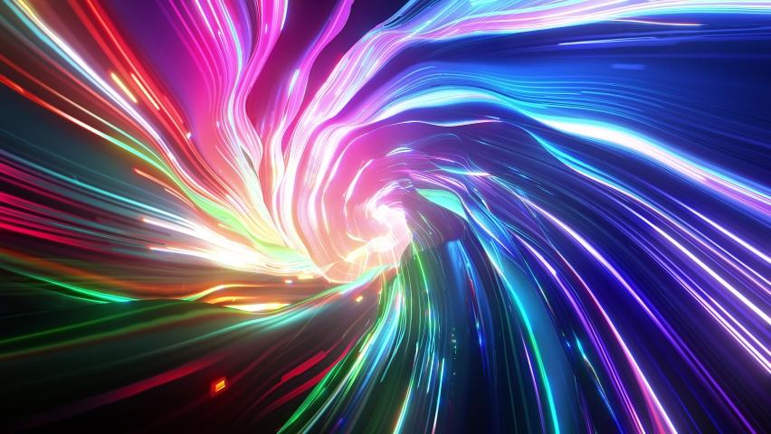 Abstract tunnel of a multicolor spectrum background. Bright rays of neon light and colorful glowing lines moving speed through the dark. 3d render Royalty-Free Stock Footage #1092679947