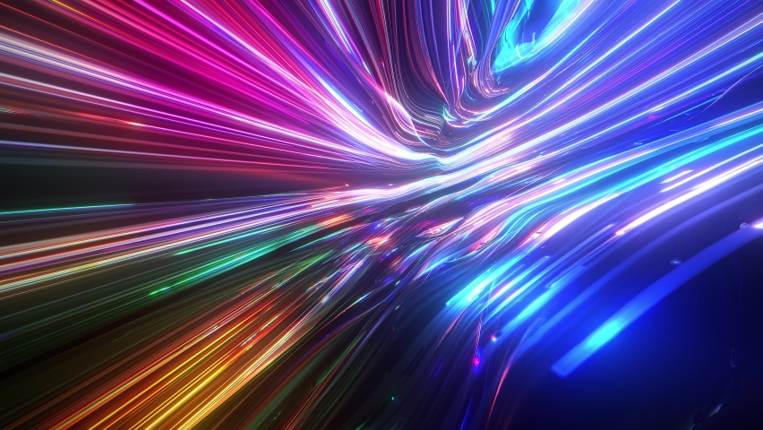 Abstract tunnel of a multicolor spectrum background. Bright rays of neon light and colorful glowing lines moving speed through the dark. 3d render | Shutterstock HD Video #1092679949